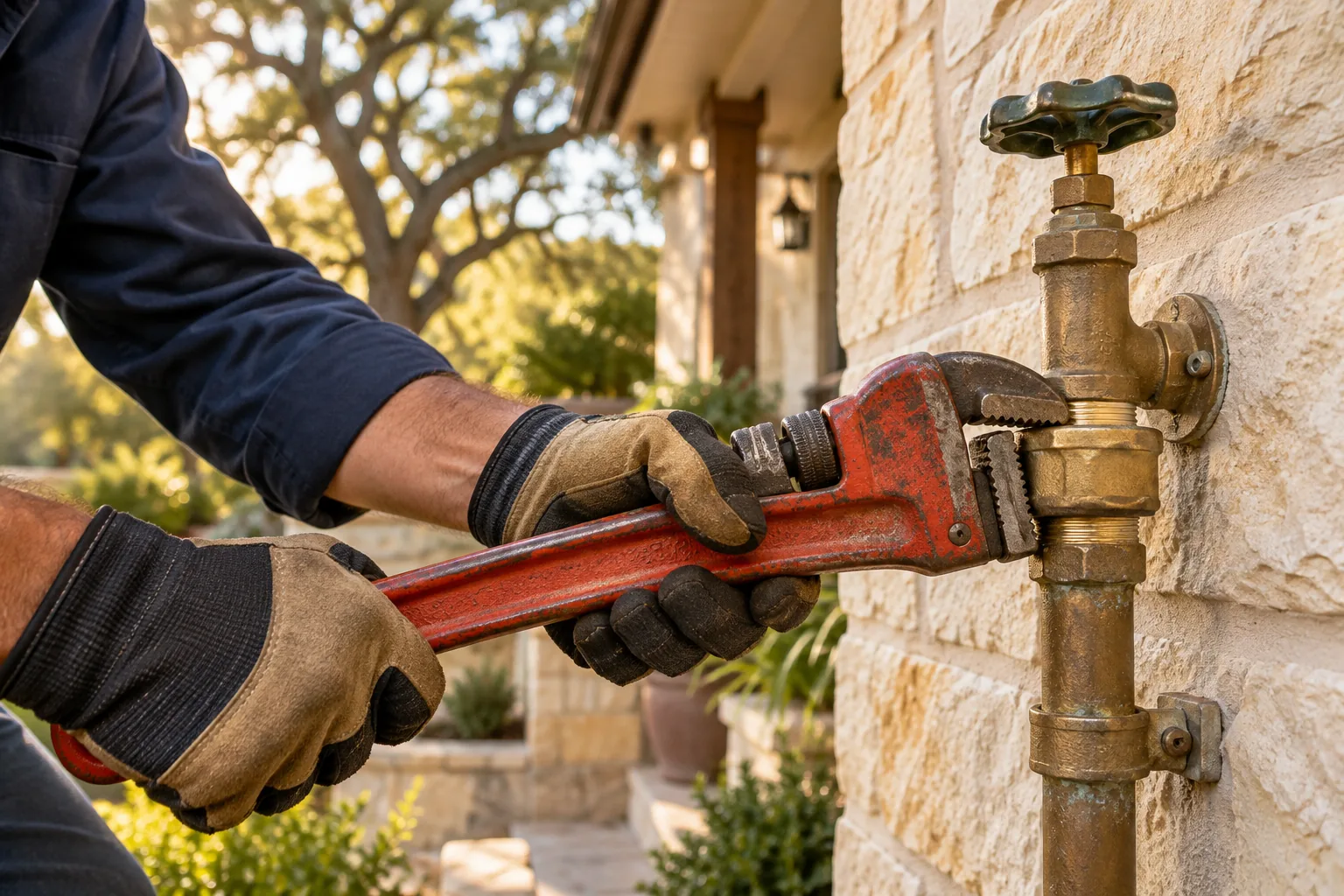 Illustration of gloved hands and a red pipe wrench beside a Texas limestone home
